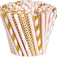 [100] Pink &amp; Gold Paper Drinking Straws 100% Biodegradable Multi-Pattern Party Straws For Birthday, Wedding, Bridal, Baby Shower