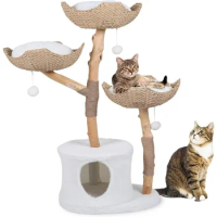 Cat Tree, Modern Indoor Cat Tree with Multiple Levels|Solid Real Wood Cat Tower, Scratch Free Rope with Pom-Pom, Cat Tree