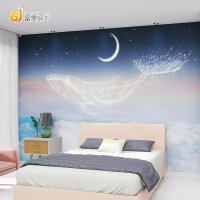 北歐簡約鯨魚墻布漸變云朵天空壁紙客廳臥室床頭酒店電視背景墻紙