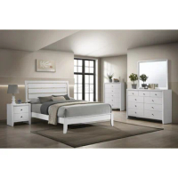 Queen Size White Finish Panel Bed Geometric Design Frame Softly Curved Headboard Wooden Bedroom Furniture