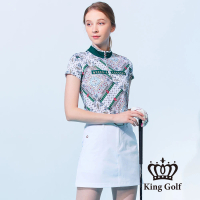【KING GOLF】實體同步款-女款燙鑽圖騰印花短袖立領拉鍊POLO衫/高爾夫球衫(綠色)