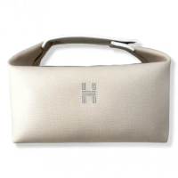 【Hermes 愛馬仕】大款 帆布 手提包/收納袋/化妝包(米色 x 灰綠手把)