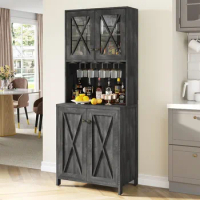 Farmhouse Bar Cabinet for Liquor and Glasses, Dining Room Kitchen Cabinet with Wine Rack, Upper Glass Cabinet, Open Storage