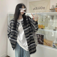 薄外套 春秋小香風條紋外套女ins寬松古著上衣服美式國潮牌棒球服夾克男