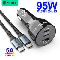 WOTOBE 95W Car Charger,USB C PPS/PD 65W/45W/30W/18W,QC3.0/AFC For TYPE C Laptop iPad iPhone15 14 12 SE Samsung S23 S24 Note 10