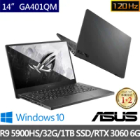【ASUS送65W充電器組】ROG Zephyrus GA401QM 14吋電競筆電-日蝕灰(R9 5900HS/32G/1TB SSD/RTX 3060 6G/W10)