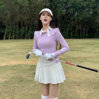 Purple Sporty Breathable Polo Neck Long Sleeve Women's Golf Shirt Skirt Suit Spring High-waist Short Skort Ladies Golfwear