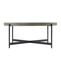42" Round Concrete-Coated Coffee Table with Iron Legs Tray Style Top Black Metal Base Rustic Design Wood Gray Iron Frame