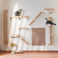 Cat Wall Climbing Shelves Wall Mounted Hammock Cat Scratching Post Wooden Stairway Shelves with Sisal Rope Ladder Wall Cat Tree