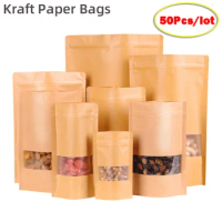 50pcs Resealable Kraft Paper Bags Zip Lock Bag for Tea Coffee Bean Candy Packaging Food Small Sachets Food Sample Bags