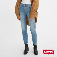 Levis 女款 Wedgie高腰修身直筒排釦牛仔長褲 / 精工輕藍染刷白 / 彈性布料 及踝款