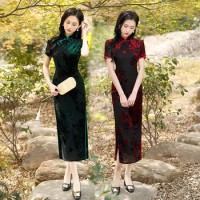 Lace Flocking Long Cheongsam Women Handmade Button Qipao Retro Slim Chinese Dress