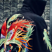 Original Chinese Style Phoenix Embroidery Oversize Shoulder Size Men and Women Loose Hooded Anime Hoodies Japanese Streetwear