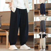 Wide-leg Pants Versatile Men's Casual Long Pants with Elastic Waist Side Pockets Ankle-banded Design Ideal for Daily Wear Sports