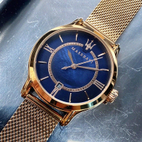 【MASERATI 瑪莎拉蒂】MASERATI手錶型號R8853118503(寶藍色錶面玫瑰金錶殼玫瑰金色米蘭錶帶款)