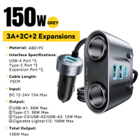 27757575 Essager 3 USB-A + 2 Bộ sạc xe hơi cắm Type-C + 2 cổng bật lửa thuốc lá ô tô PD30W Sạc nhanh