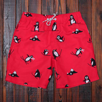 沙灘褲情侶海邊速幹短褲紅色可愛企鵝圖案印花海灘褲男士五分褲
