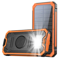 Solar Power Bank 20000mAh Waterproof Qi Wireless Charger Powerbank For iPhone 15 Samsung S23 Xiaomi Poverbank with Camping Light