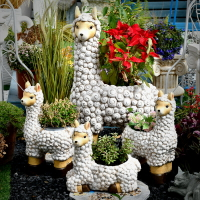 可愛戶外卡通動物雕塑羊駝花盆花園裝飾擺件庭院陽臺幼兒園植物角