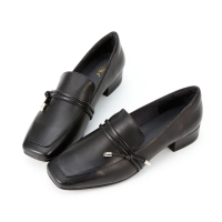 【HERLS】樂福鞋-全真皮雙帶打結綴飾方頭低跟樂福鞋(黑色)
