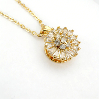 Elegant Crystal Sunburst Necklace | Premium Round & Baguette CZ Geometric Pendant | Gold color Chain