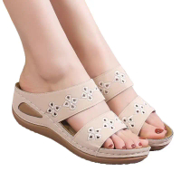 Large Size Wedge Slippers for Women New Hollow Casual Thick Sole Solid Color Peep-Toe Slippers