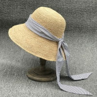 日本條紋棉布飄帶手工細拉菲草盆帽可折疊防曬海邊沙灘草帽子涼帽1入