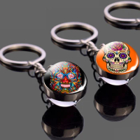 Sugar Skull Glass Ball Keychain Keyring Mexico Folk Art Pendant Dome Jewelry Vintage Accessories Men Gift Wholesale