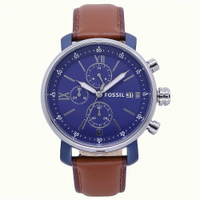 FOSSIL 美國最受歡迎頂尖運動時尚三眼計時皮革腕錶-藍+咖啡-BQ2163