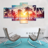 無框畫 高清五聯 海灘 棕櫚樹 夕陽剪影 熱帶風情 自然風景 居家裝飾 客廳 臥室掛畫 壁貼 生日禮物 實木框畫