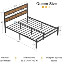 Queen Metal Platform Bed Frame with Rustic Vintage Wooden Headboard, Heavy Duty Metal Slats Support, Platform Mattress Base