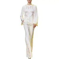 Tesco New Lace Embroidery O Neck Women's Tops With Flare Sleeve Full Length Pants Sets White Casual Loose Women's Outfits