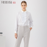 JESSICA RED - 清新雅致木耳邊氣質條紋棉質襯衫824139（藍）