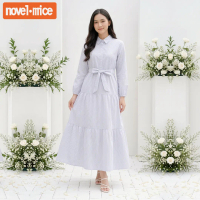 Novel Mice | Gamis Wanita Katun Andara Grey | Dress Wanita Lengan Panjang Motif Garis