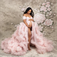 Pink Fluffy Tulle Maternity Dresses Off The Shoulder Sweetheart Puffy Pregnancy Gowns For Photography Front Slit