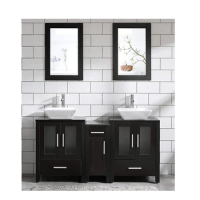 Bathroom Vanity Cabinet Glass Sink Double Top Black Wood Texture Modern W/Faucet Drain And Mirror