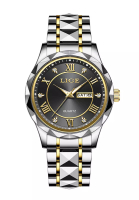 LIGE LIGE 中性 IP 黃金和不鏽鋼石英手錶，星期/日期，不鏽鋼錶鍊