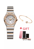 LIGE SUNKTA 女士石英手錶，鋪鑲水晶，白色錶盤，雙色金屬錶鍊