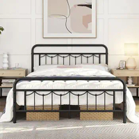Vintage Metal Queen Bed Frame with High Headboard&amp;Footboard Steel Platform Ample Under- Storage 800lb Weight Capacity