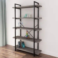 5-Tier Vintage Industrial Style Bookcase/Metal and Wood Bookshelf Furniture for Collection, Gray Oak, 3/4/5 Tier (5-Tier)