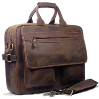 Vintage Men Leather Briefcase Tote Business bag Crazy Horse Genuine portfolio men briefcase male 15" laptop office