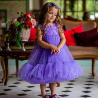Child Girl Birthday Dress With Lace Purple Party Dresses Princess Fluffy Tulle Puffy Flower Girl Dresses For Weddings