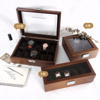 5格手錶收藏盒 配件收納 方型扣鎖 胡桃木皮 腕錶收藏盒 實木質感 - 棕色