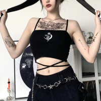 Gothic Women's Print Suspender Sleeveless Square Neck Slim Crop Top Sexy Halter Bottoming Shirt 2022 Girls Party Wear