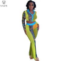 VAZN 2022 Hot Popular Patchwork Sexy Club Young See Through Long Wide Leg Pants Group Full Sleeve Coth Women 2 Piece Set