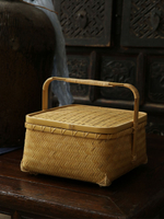 手工竹編提籃 食盒帶蓋竹制品竹籃子家用野炊方形 收納筐茶盒