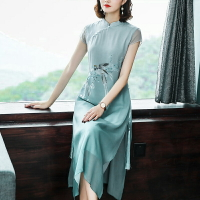 改良旗袍式連衣裙女短袖夏裝中國風印花過膝長裙