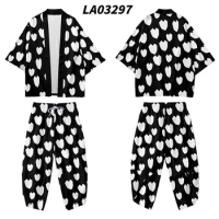 2pcs Suit Plus Size 6XL Loose Black White Japanese Samurai Harajuku Kimono Cardigan Women Men Cosplay Yukata Tops Pants Set