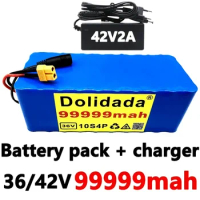 36V Battery 10S4P 36V 99.999Ah Battery 1000W High Power Battery 99999mAh Ebike Electric Bike Charger BMS XT60 + 42V2A Charger