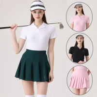 Azureway Golf Apparel Women's Short Sleeve T-shirt Slim Sports Polo Tops Ladies High Waist Skirts Leisure Pleated Golf Skort Set